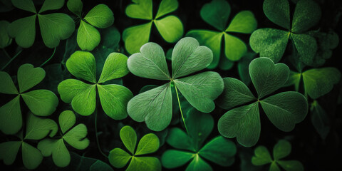 Four-leaf green clover for good luck on St. Patrick's Day, Abstract Background, Generative AI