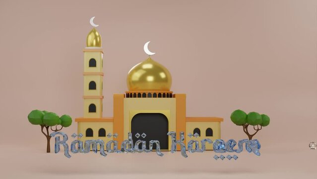 Ramadan Kareem Text with watter effect. mosque and moon, place for text greeting banner. logo intro. 3D effect