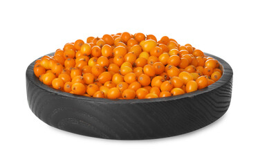 Bowl with fresh ripe sea buckthorn berries on white background