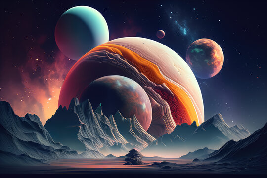 otherworldly design of pastel-colored planets floating in outer space, generative ai