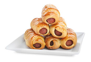 Plate with delicious sausage rolls isolated on white
