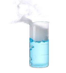 Laboratory beaker with light blue liquid and steam isolated on white. Chemical reaction