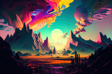 Obraz premium Psychedelic glitch art with distorted shapes and colors, resembling an otherworldly landscape, generative ai