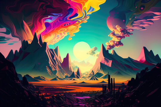 Psychedelic glitch art with distorted shapes and colors, resembling an otherworldly landscape, generative ai