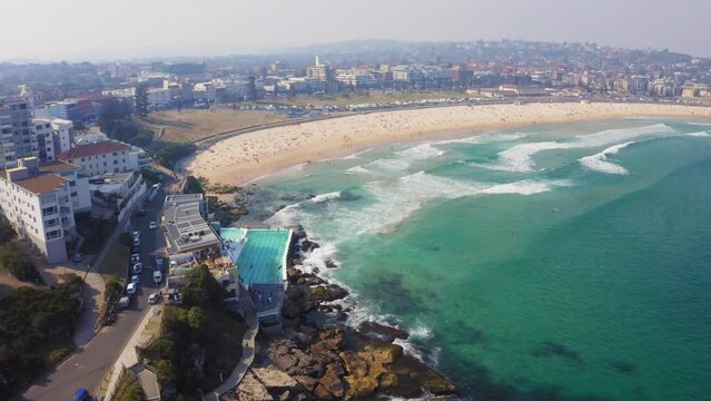 Aerial view of Bondi Beach, Icebergs Pool. Sydney, Australia, Drone footage.