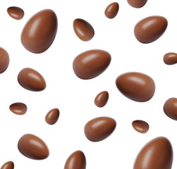 Many chocolate eggs falling on white background