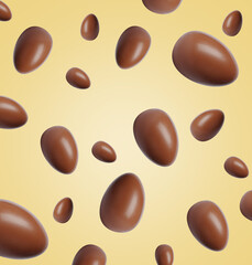Many chocolate eggs falling on pale light yellow background