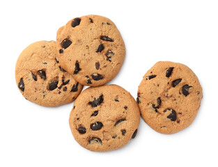 Delicious chocolate chip cookies isolated on white, top view