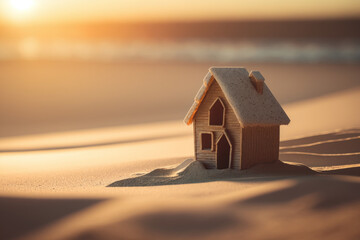 Obraz na płótnie Canvas Small model home on sunset beach abstract background. Business and nature concept. Generative ai