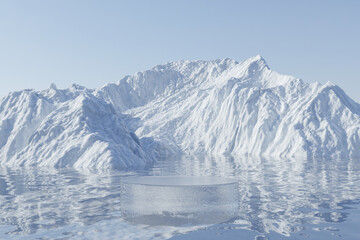 3d render winter platform and natural podium background, Ice podium on the lake backdrop ice snow mountain and clear sky for product display, advertising, cosmetic, skincare or etc
