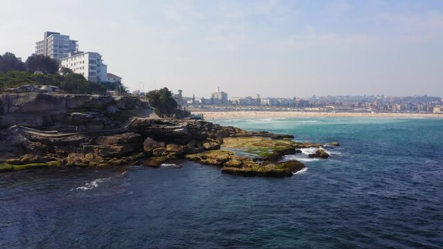 Aerial view of Bondi Beach, Icebergs Pool. Sydney, Australia, Drone footage.