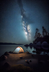 Lighted tents under the Milky Way.