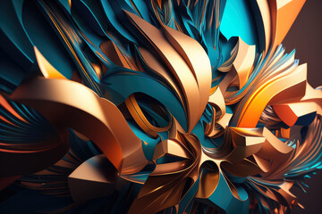 Shimmering metallic abstract shapes in a 3D-rendered design with vibrant hues and intricate details, generative ai
