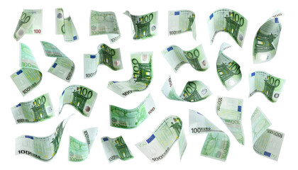 Many euro banknotes flying on white background - obrazy, fototapety, plakaty