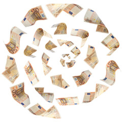 Whirl of euro banknotes flying on white background