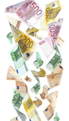Many euro banknotes flying on white background