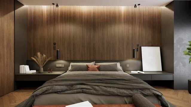 interior of modern bedroom with furniture , zoom out shot, video ultra HD 4K, 3D rendering animation bedroom design	