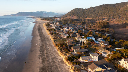 Aerial photo looking north toward Manzanita and Mount Neah-Kah-Nie along the beach and Pacific Ocean, Rockaway Beach, Oregon, Pacific Northwest, United States  © Kirk