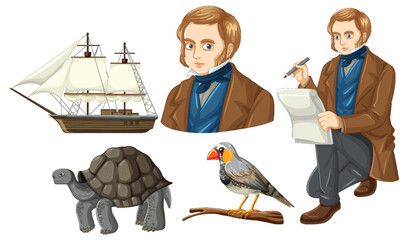 Set of mix charles darwin with animal