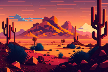 Pixelated landscape with blocky shapes and gradients in a desert color scheme, generative ai