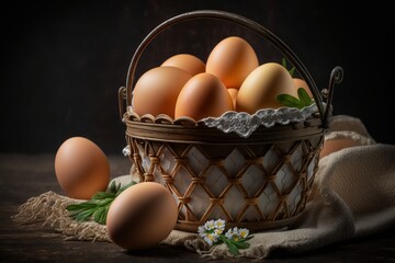 Chicken eggs in the basket background. Generative Ai