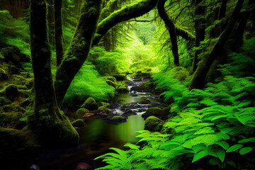 Stream in green misty forest.