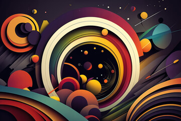 mesmerizing vector-style abstract design featuring overlapping circles and stripes with a deep space background, generative ai