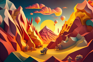 Radiant Horizons Mesmerizing 3D-Rendered Abstract Landscape with Vivid Colors and Striking Geometric Shapes, generative ai