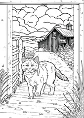 Coloring book for kids.Worksheets for teachers to teach.Cat walking in garden.