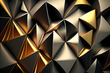 Obraz premium Stylish wallpaper with an intricate pattern of overlapping geometric shapes in metallic shades of gold and silver, generative ai
