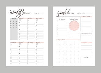 weekly and goal planner template. Minimalist planner template set. Vector illustration.