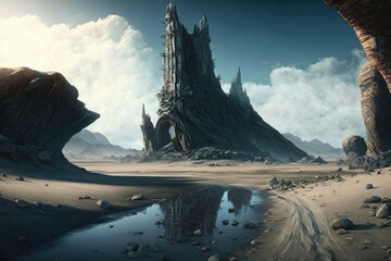 The black desert. A desolate wasteland of black sand and twisted rock formations where nothing grows. Generative AI	 - obrazy, fototapety, plakaty