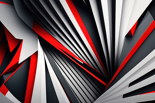 Fototapeta Edgy and futuristic optical illusion wallpaper with sharp and angular stripes and curves in shades of gray and red, generative ai