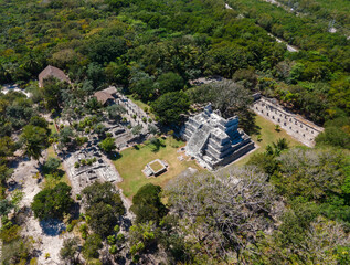 Fototapeta na wymiar Aerial view of El Meco mayan city, Cancun, Mexico