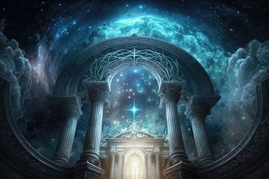 The celestial realm. A realm of gods and goddesses filled with heavenly palaces and sparkling stars. Generative AI