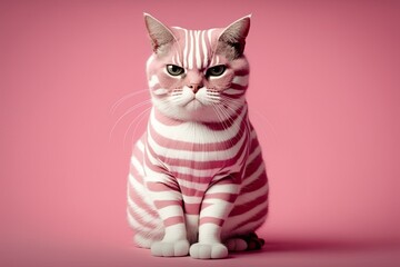 Funny cat with white stripes on a pink background. Generative AI