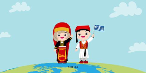 Globe on a blue gradient. Cartoon national greece man and woman, vector illustration.