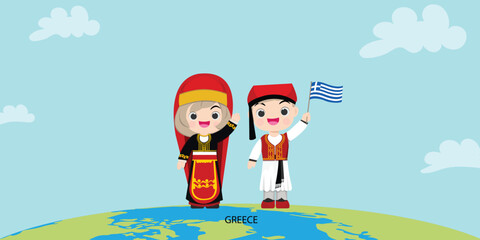 Globe on a blue gradient. Cartoon national greece man and woman, vector illustration.