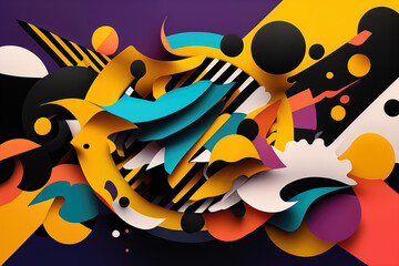 Graphic wallpaper with an abstract composition of cutout shapes in vibrant, contrasting colors, generative ai