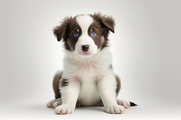Two month old white and red, likely Australian, border collie puppy sitting alone on white. Generative AI