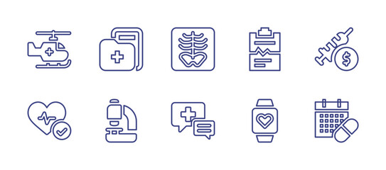 Medical and healthcare line icon set. Editable stroke. Vector illustration. Containing ambulance, medical file, x ray, medical report, cost, improve, microscope, consultation, heart rate, medication.