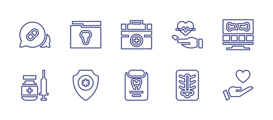 Medical and healthcare line icon set. Editable stroke. Vector illustration. Containing medical assistance, medical history, medical kit, medical insurance, x ray, medicament, healthcare.