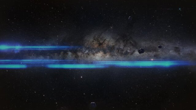 galaxy exploration through outer space towards glowing milky way galaxy.blue light 4K animation of flying through glowing nebulae, clouds and stars field. Elements furnished by NASA image.andromida