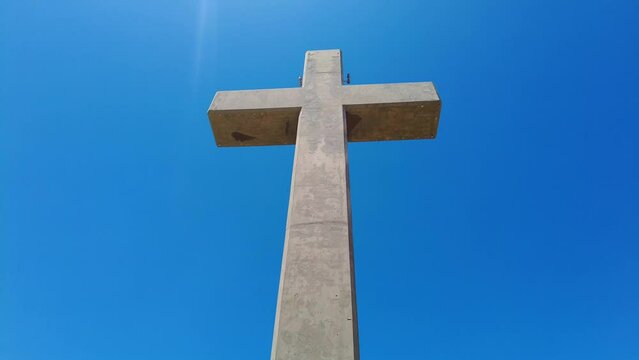 Large Concrete Cross Isolated Against Blue Sky In Mount Filerimos, Rhodes, Greece. - Low-Angle