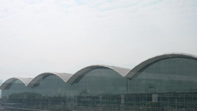 View of the Hong Kong's Chek Lap Kok International Airport facade and building.