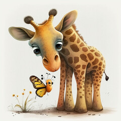 cute giraffe playing with butterfly