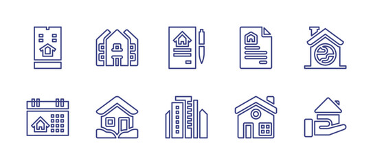 Real estate line icon set. Editable stroke. Vector illustration. Containing real estate, house, contract, document, home, calendar, cityscape.