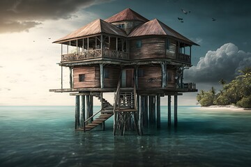 wooden house on stilts in the sea. concept design, Generative AI