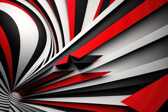 Fototapeta Edgy and futuristic optical illusion wallpaper with sharp and angular stripes and curves in shades of gray and red, generative ai