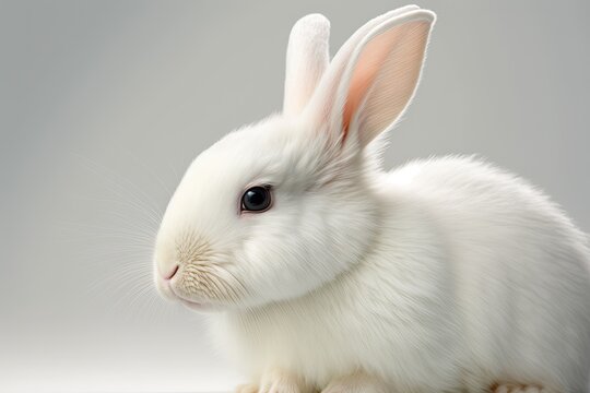 Close up picture of a white albino rabbit on a white background. Generative AI